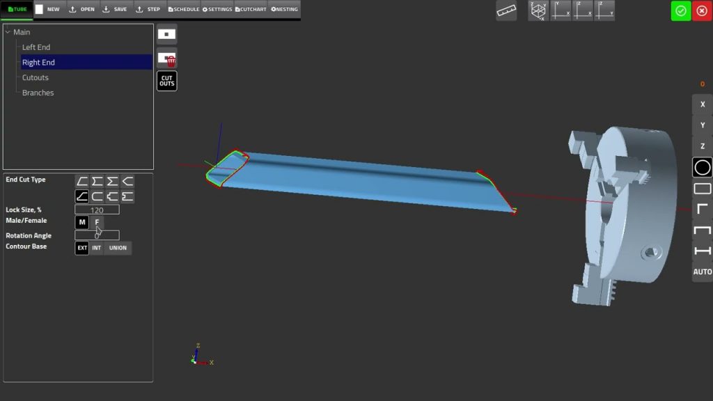 CAD3D end-cut panel showing a self-locating male/female joint configuration on a tube end