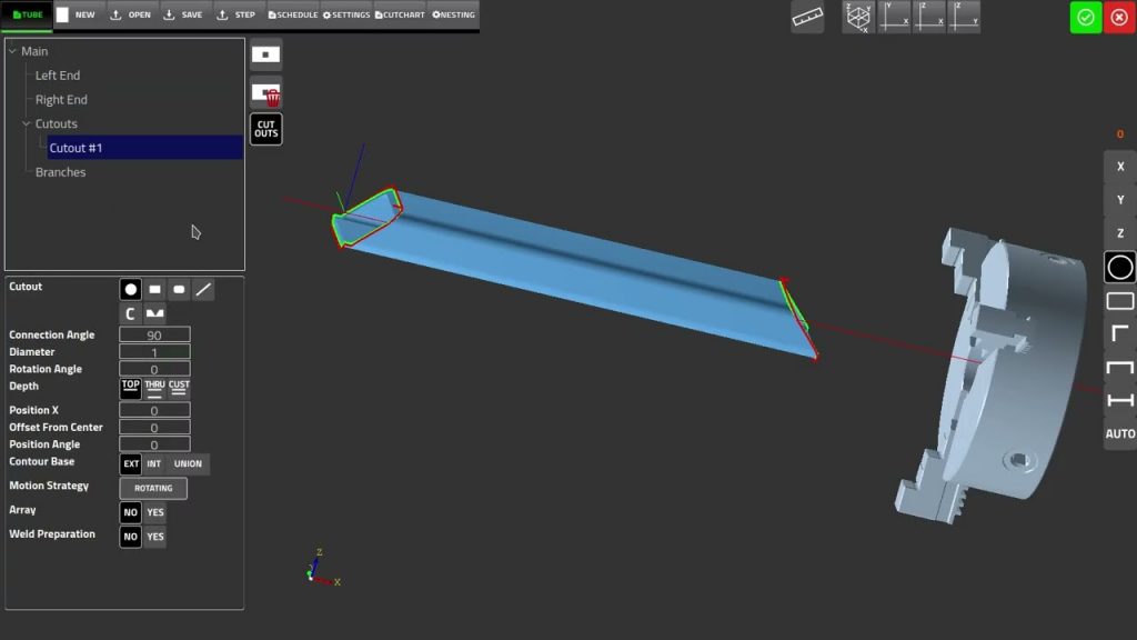 myPIPE CAD software showing a V-groove cut configured on a tube, splitting it at an angled joint