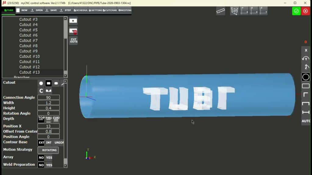 myPIPE software screen showing custom tube lettering created with rectangular cutout features